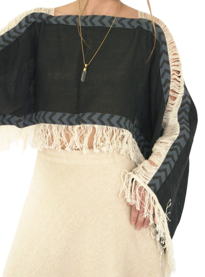 Long Sleeve Crop Top with Fringe (Black)