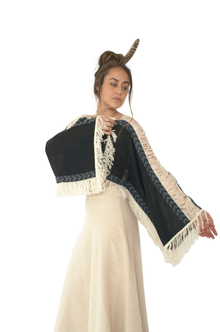 Long Sleeve Crop Top with Fringe (Black)