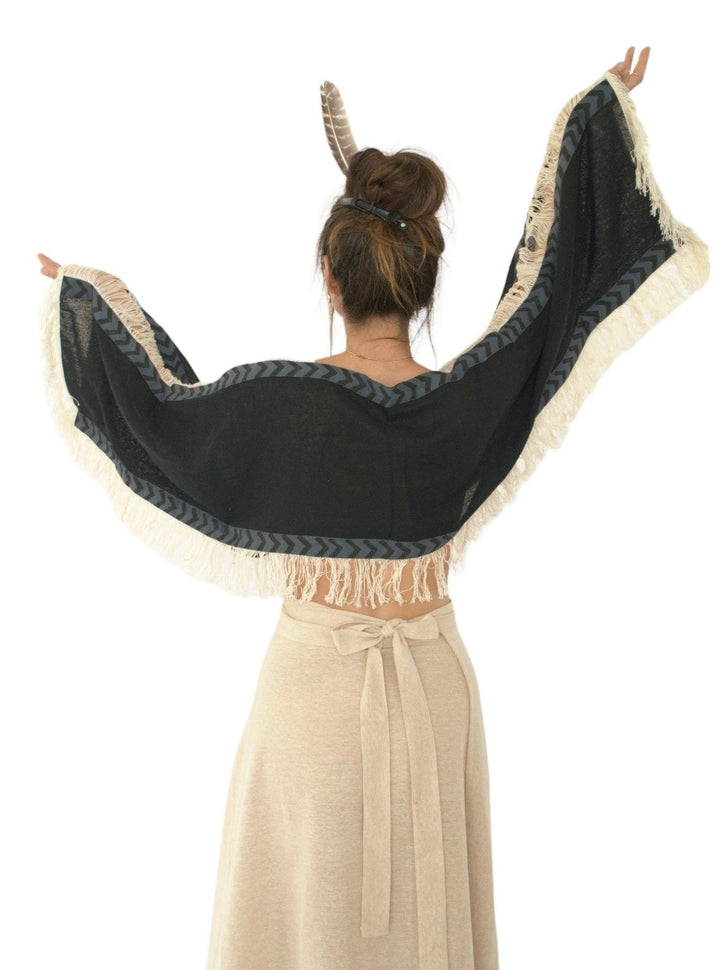 Long Sleeve Crop Top with Fringe (Black)
