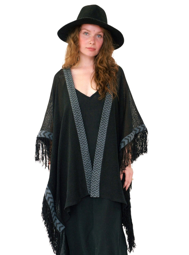 Organic Mesh Cotton Fringe Poncho (Black)