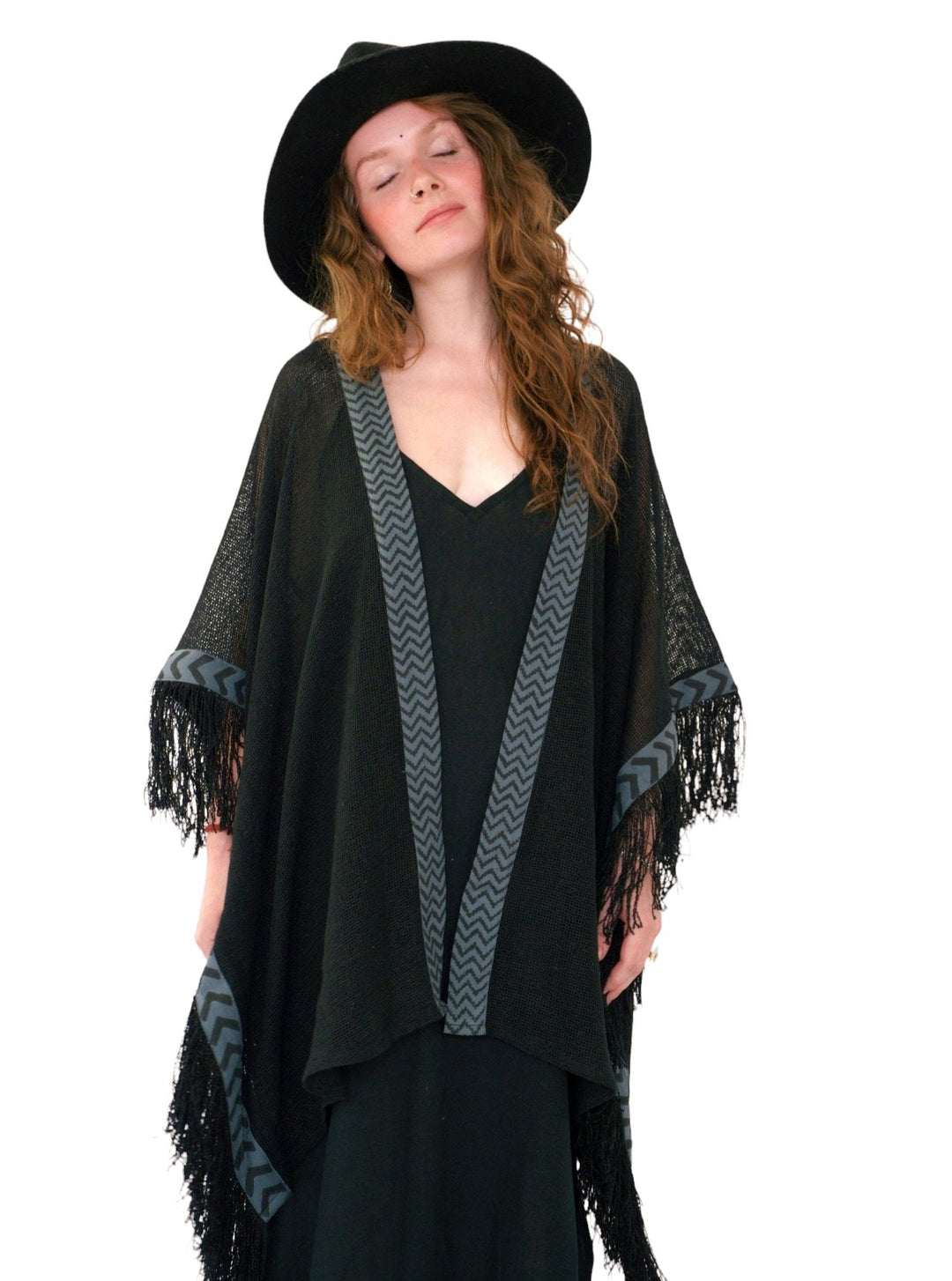 Organic Mesh Cotton Fringe Poncho (Black)