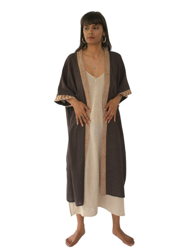 Linen Kimono with Blockprint (Cacao)