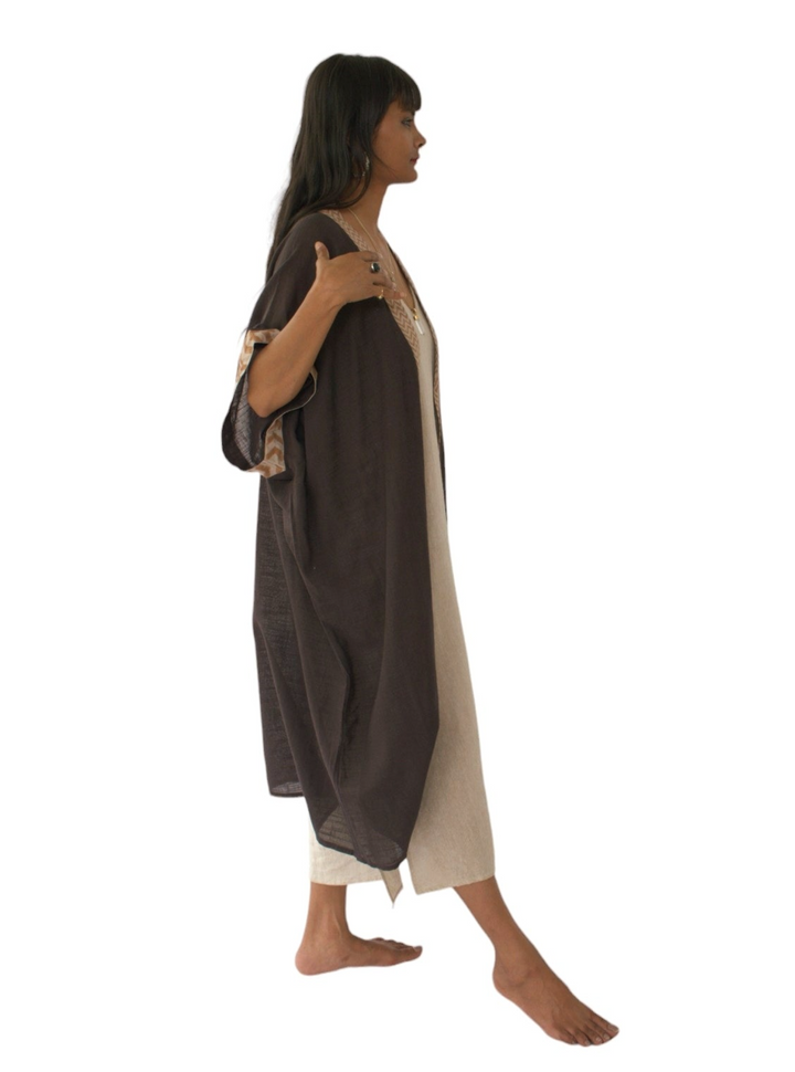 Linen Kimono with Blockprint (Cacao)