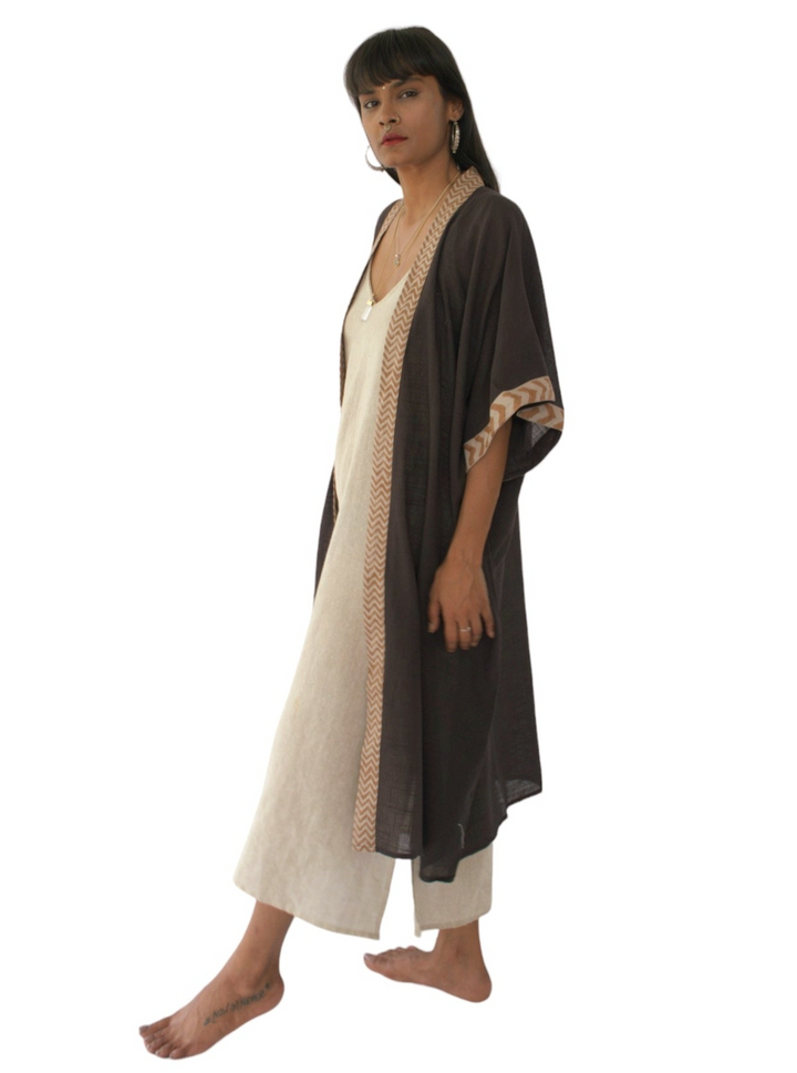 Linen Kimono with Blockprint (Cacao)
