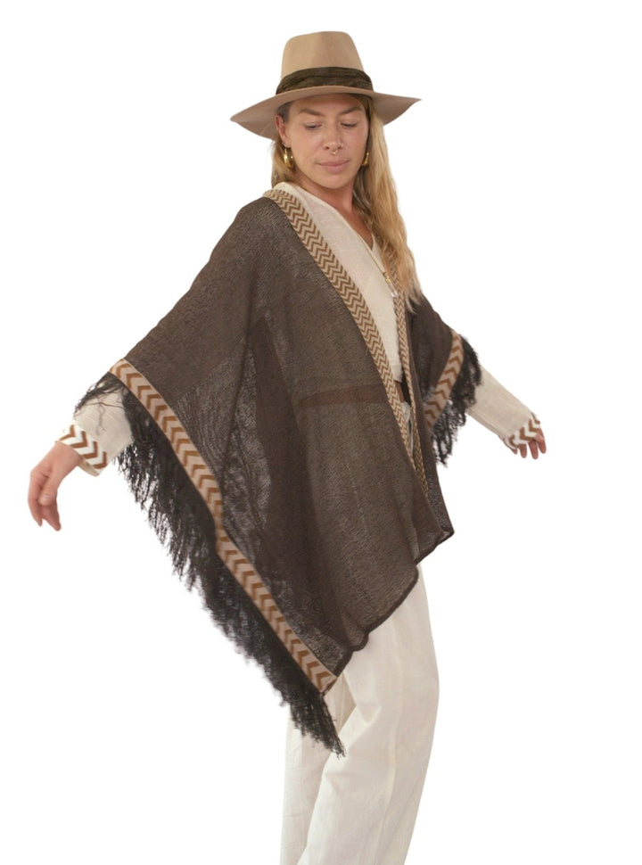 Organic Mesh Cotton Fringe Poncho (Cacao)