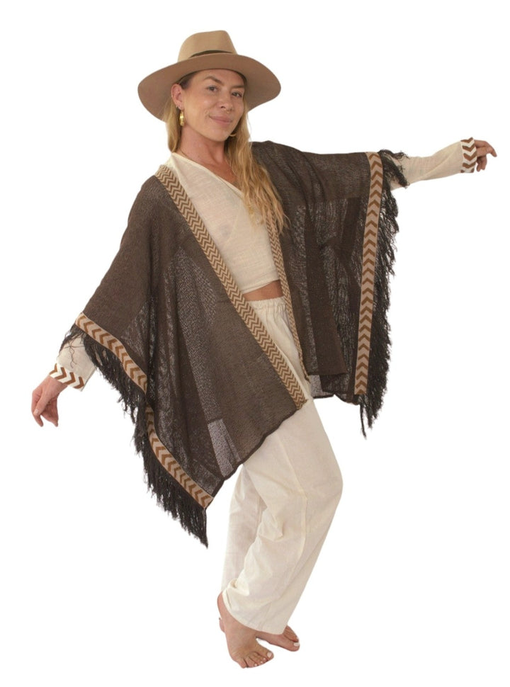 Organic Mesh Cotton Fringe Poncho (Cacao)