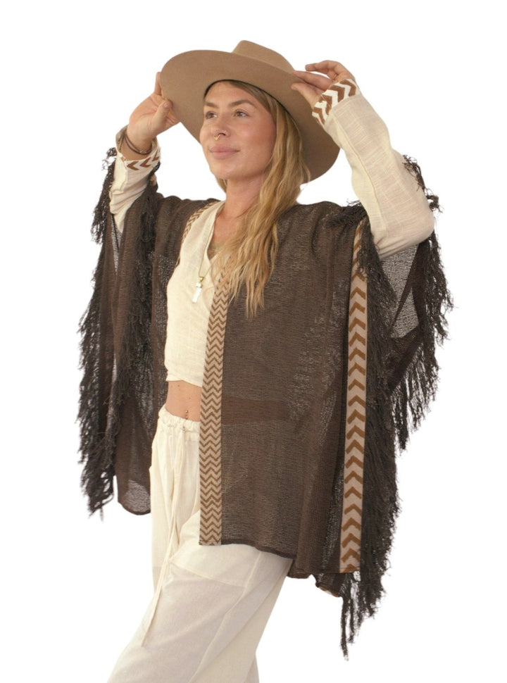 Organic Mesh Cotton Fringe Poncho (Cacao)