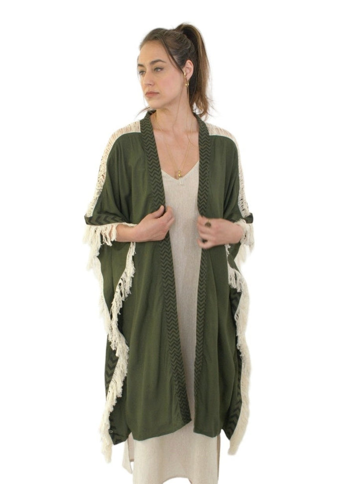 Sustainable Rayon Fringe Poncho (Forest Green)