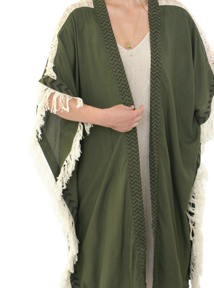 Sustainable Rayon Fringe Poncho (Forest Green)