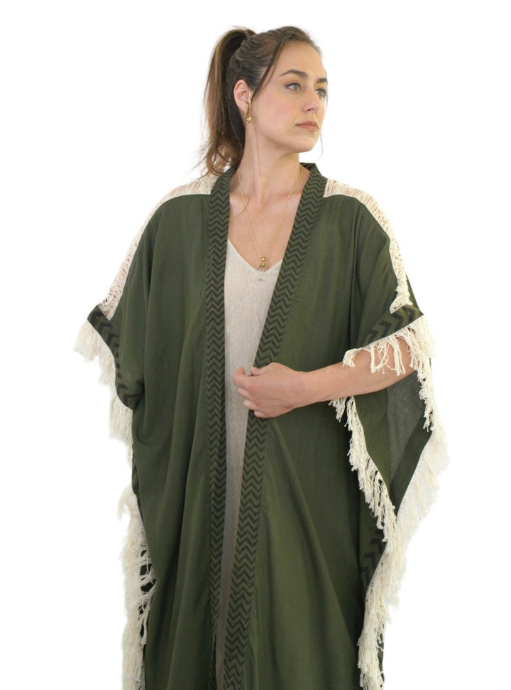 Sustainable Rayon Fringe Poncho (Forest Green)