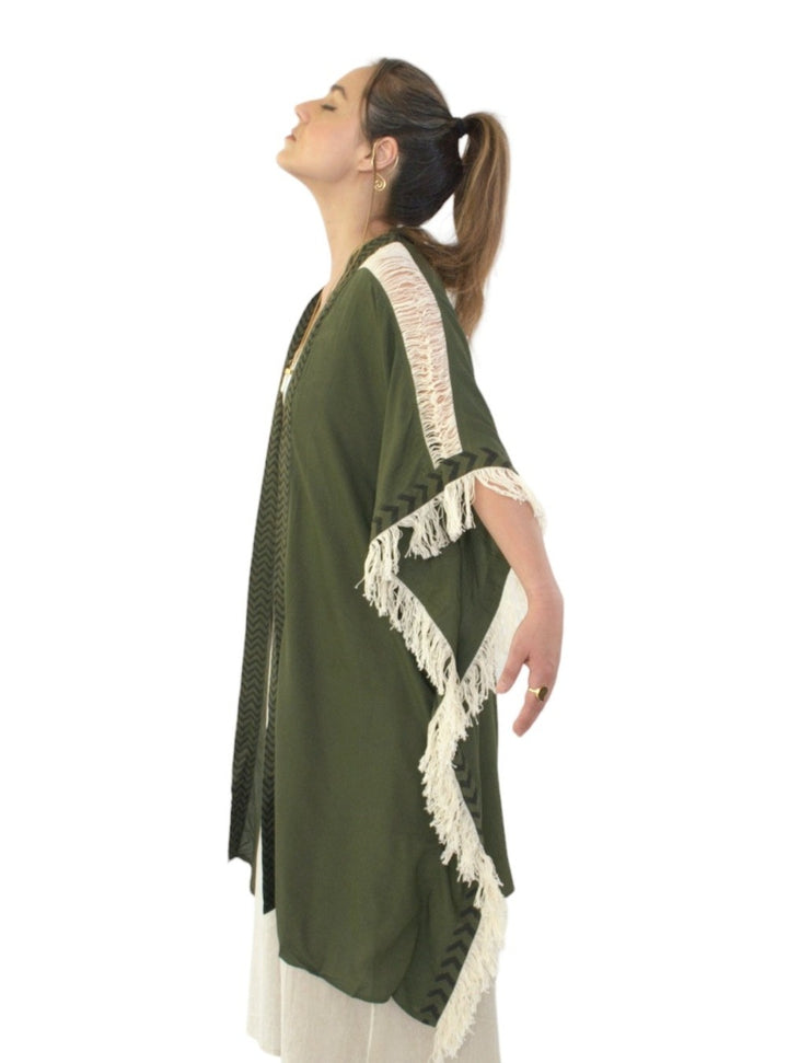 Sustainable Rayon Fringe Poncho (Forest Green)
