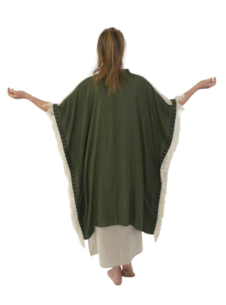 Sustainable Rayon Fringe Poncho (Forest Green)