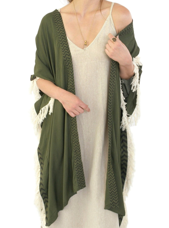 Sustainable Rayon Fringe Poncho (Forest Green)