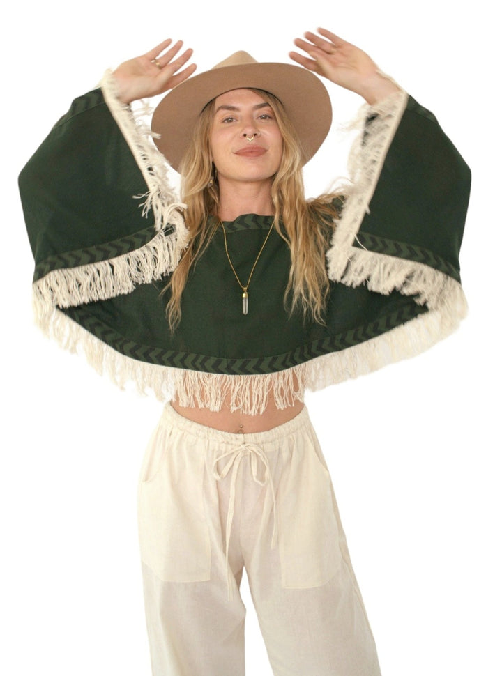 Long Sleeve Crop Top with Fringe (Forest Green)