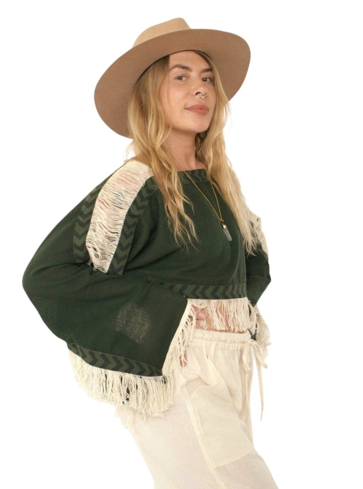 Long Sleeve Crop Top with Fringe (Forest Green)