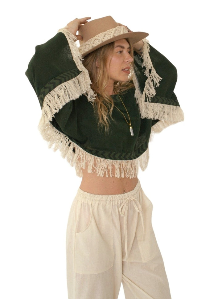 Long Sleeve Crop Top with Fringe (Forest Green)