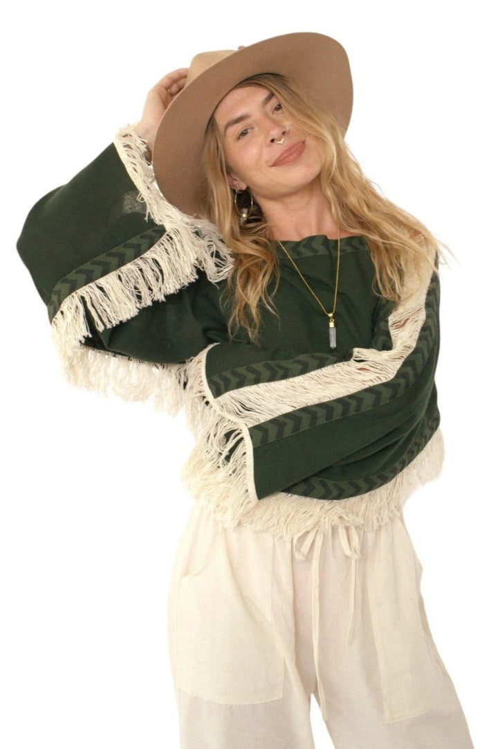Long Sleeve Crop Top with Fringe (Forest Green)