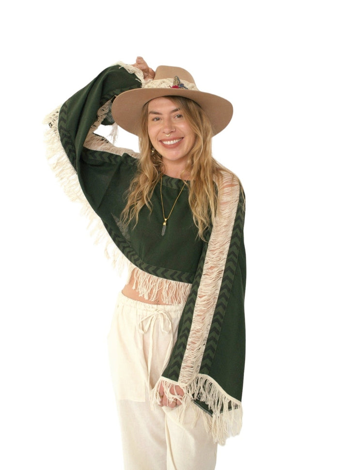 Long Sleeve Crop Top with Fringe (Forest Green)