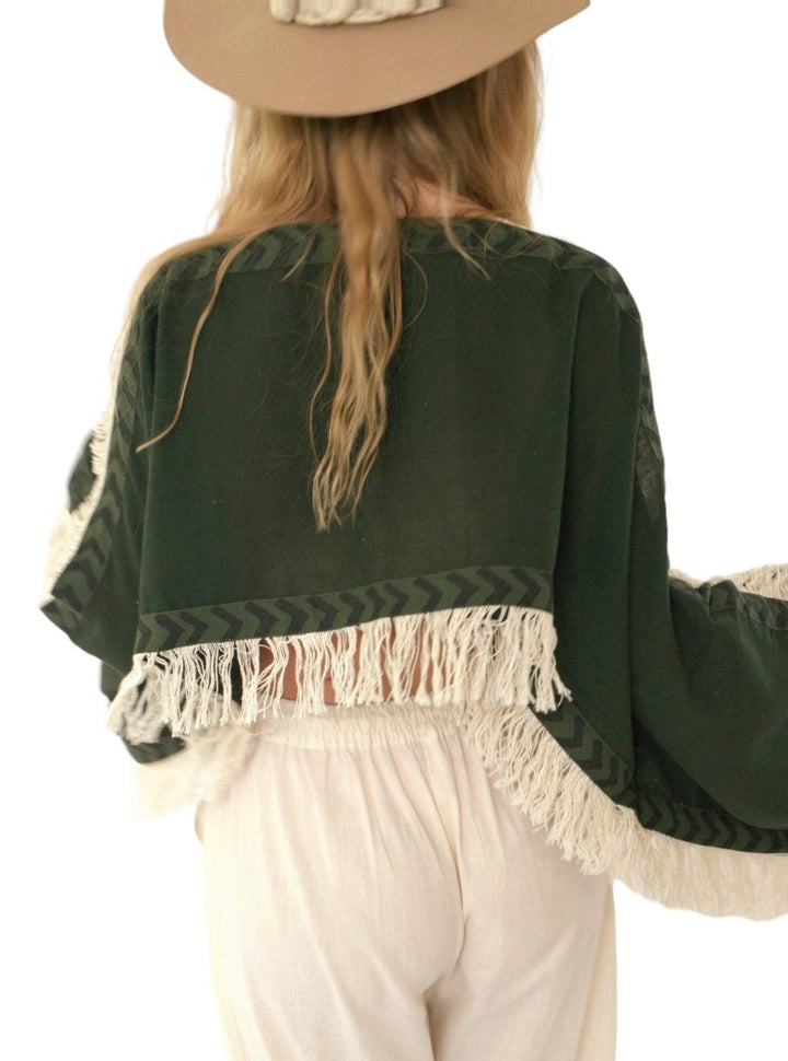 Long Sleeve Crop Top with Fringe (Forest Green)