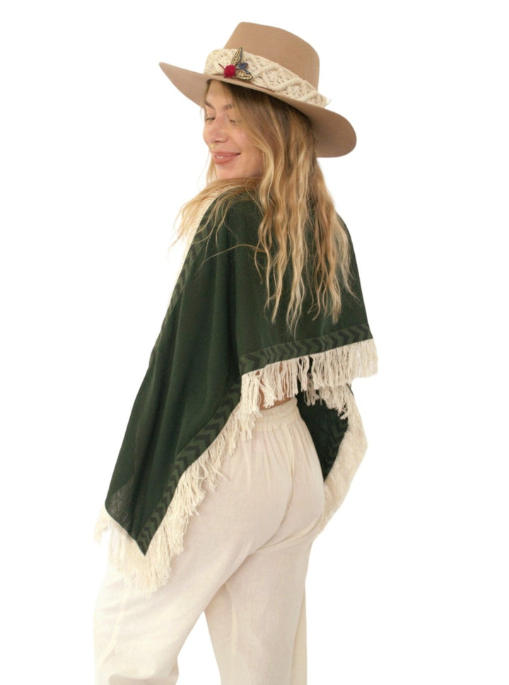 Long Sleeve Crop Top with Fringe (Forest Green)