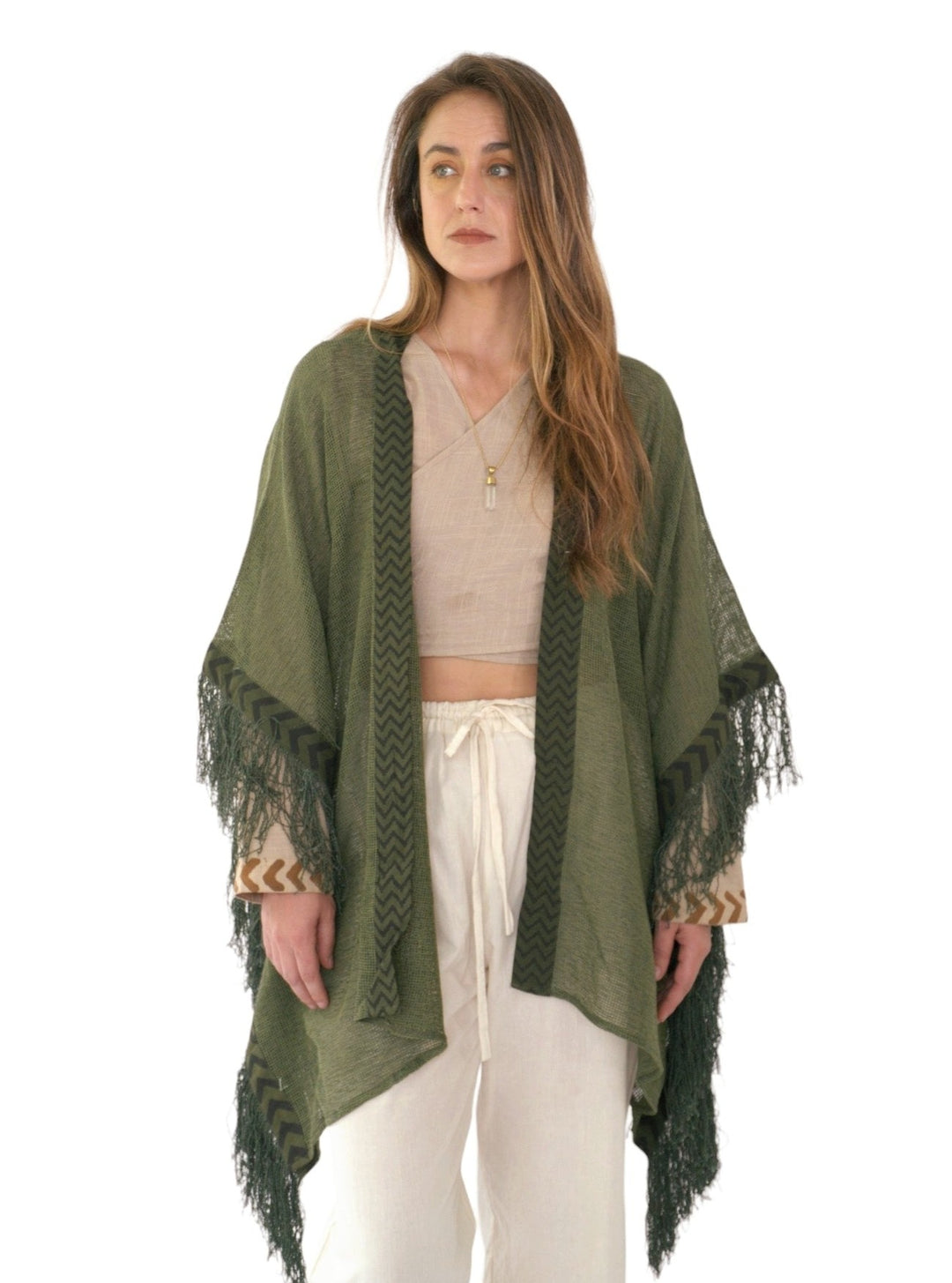 Organic Mesh Cotton Fringe Poncho (Forest Green)