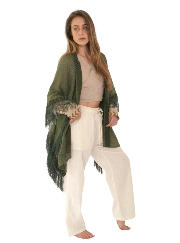 Organic Mesh Cotton Fringe Poncho (Forest Green)