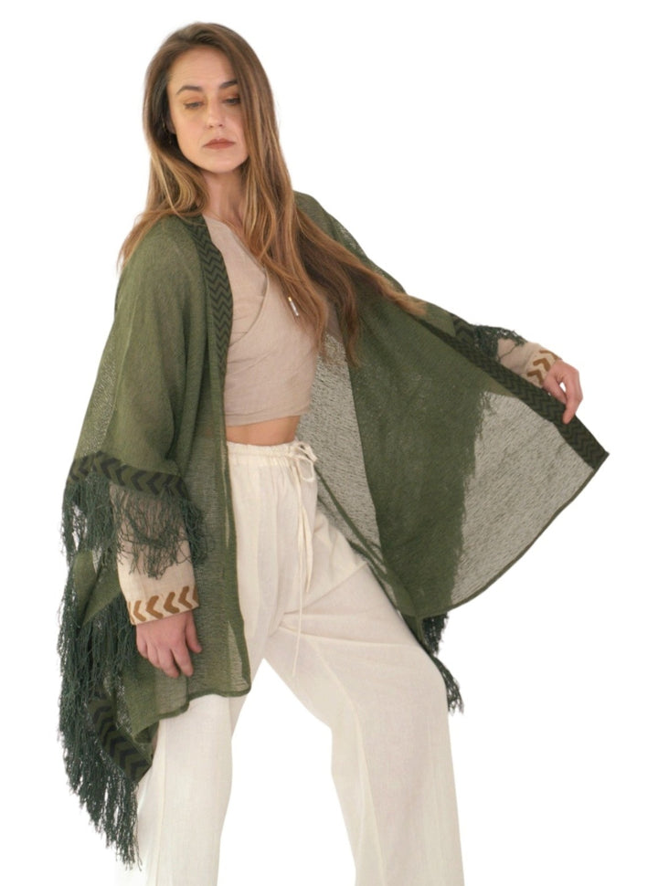 Organic Mesh Cotton Fringe Poncho (Forest Green)