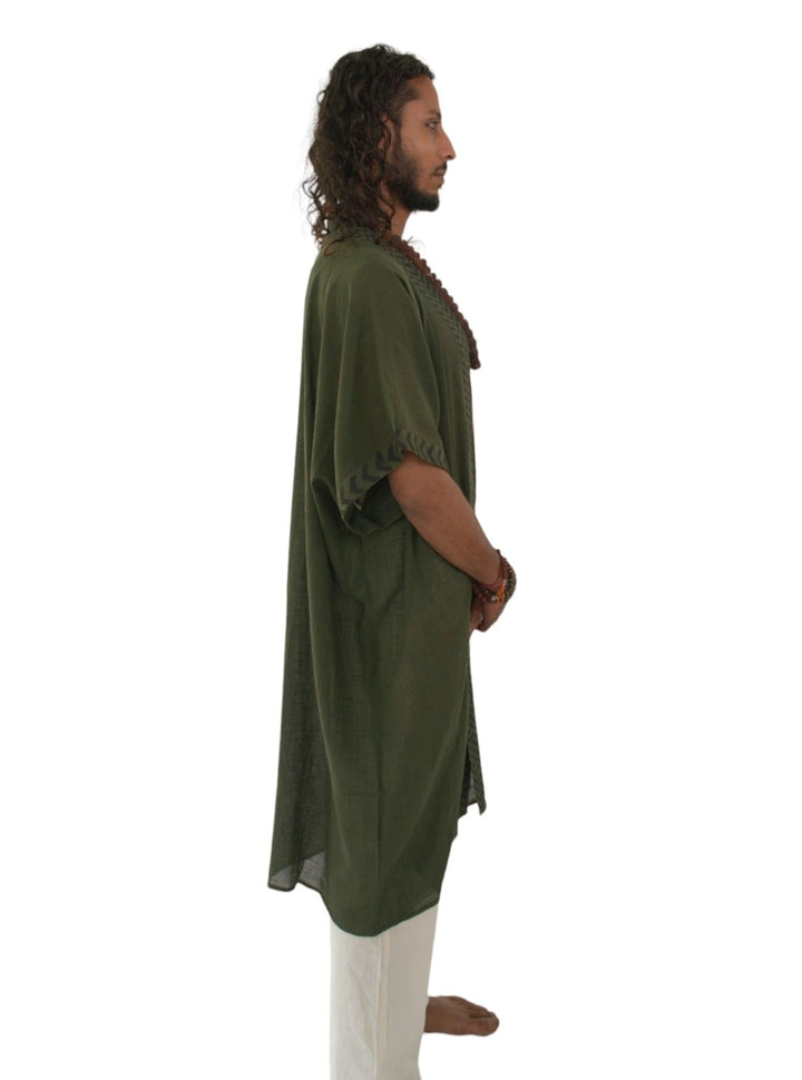 Linen Kimono with Blockprint (Forest Green)