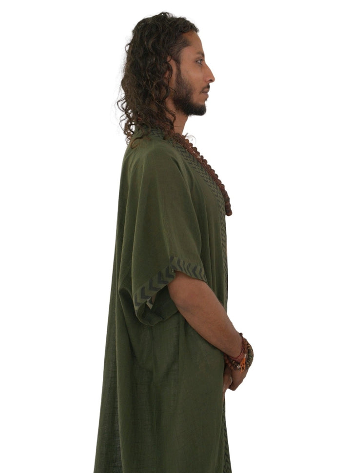 Linen Kimono with Blockprint (Forest Green)