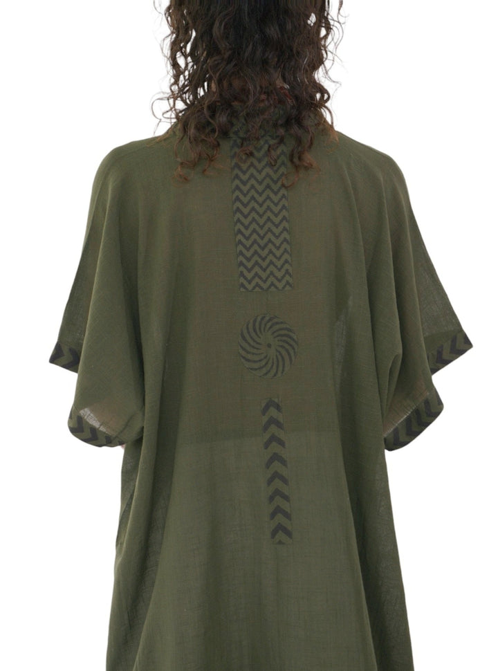 Linen Kimono with Blockprint (Forest Green)