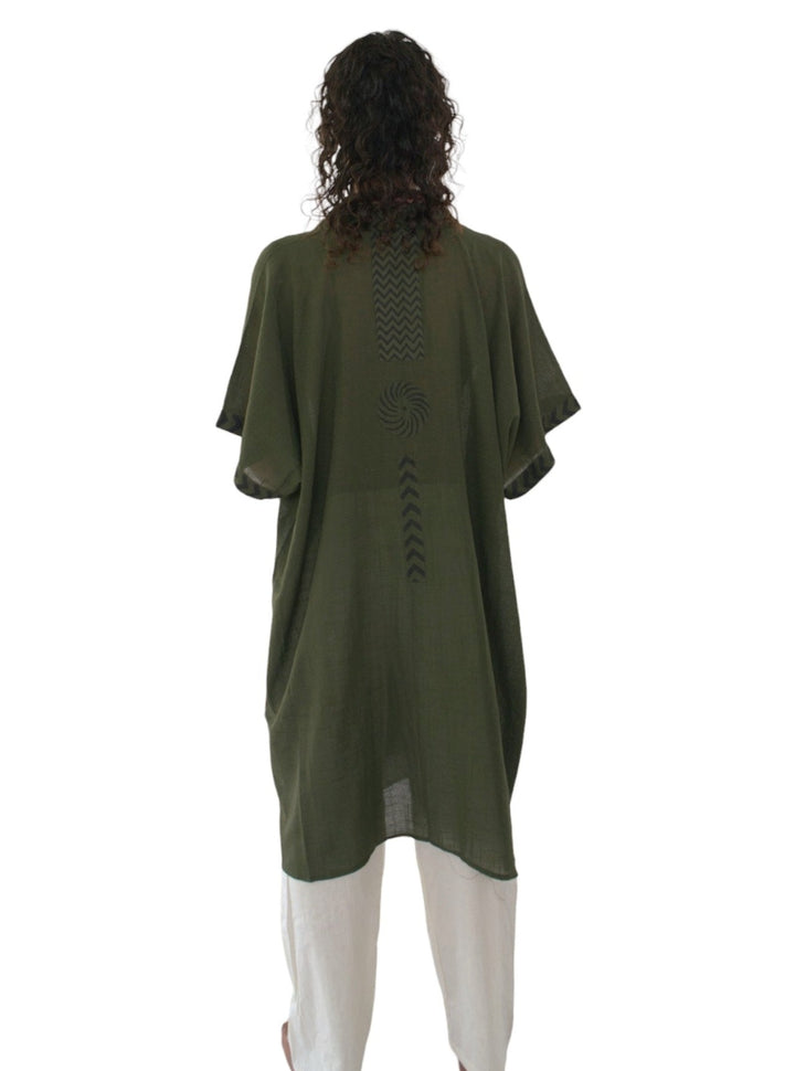 Linen Kimono with Blockprint (Forest Green)