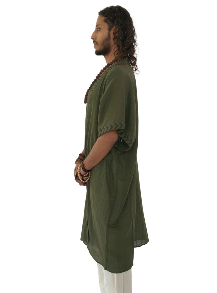 Linen Kimono with Blockprint (Forest Green)