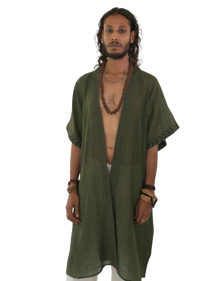 Linen Kimono with Blockprint (Forest Green)