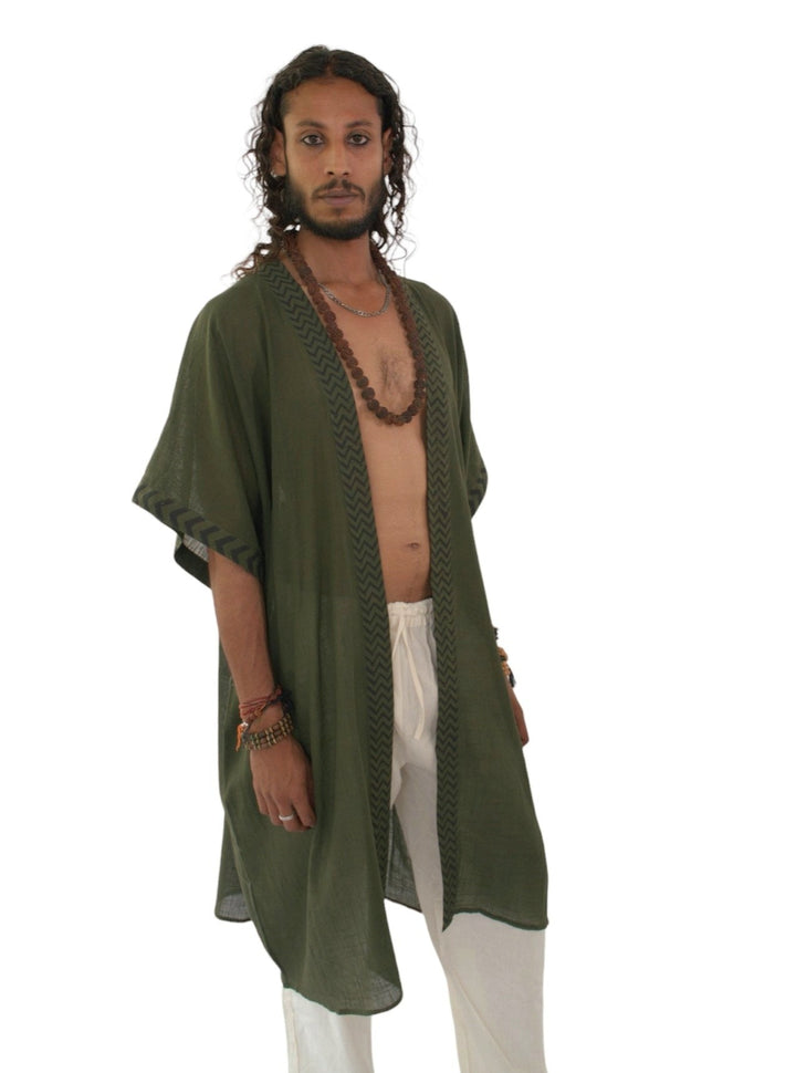 Linen Kimono with Blockprint (Forest Green)