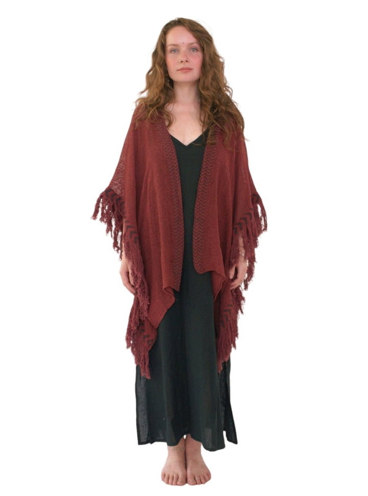 Organic Mesh Cotton Fringe Poncho (Maroon)