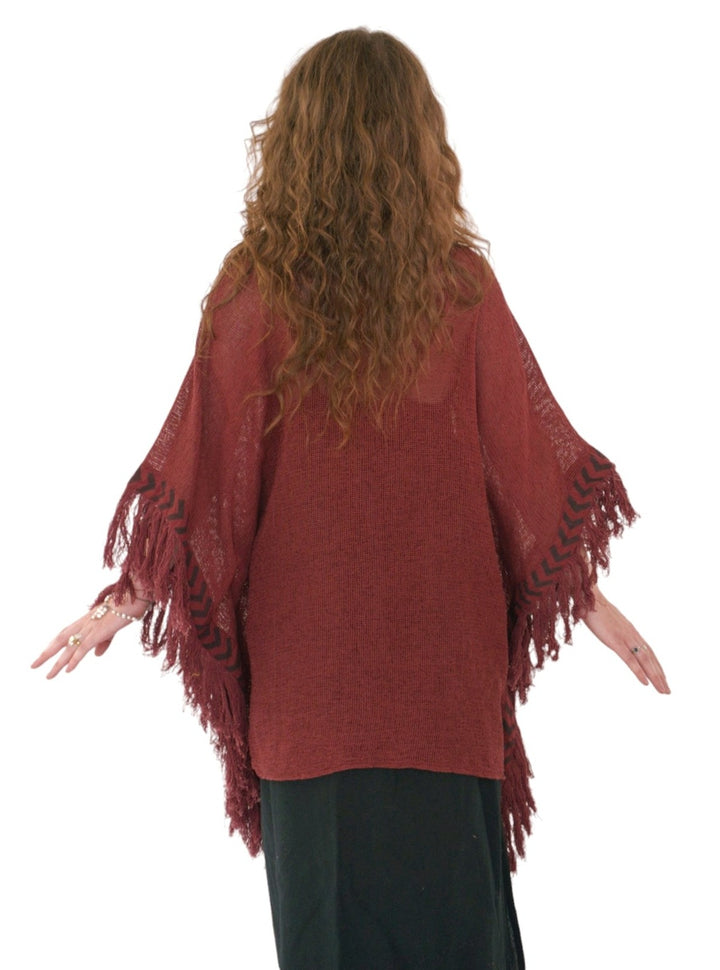 Organic Mesh Cotton Fringe Poncho (Maroon)