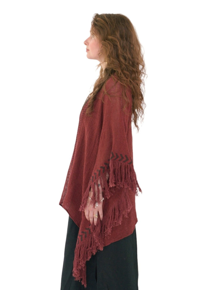 Organic Mesh Cotton Fringe Poncho (Maroon)
