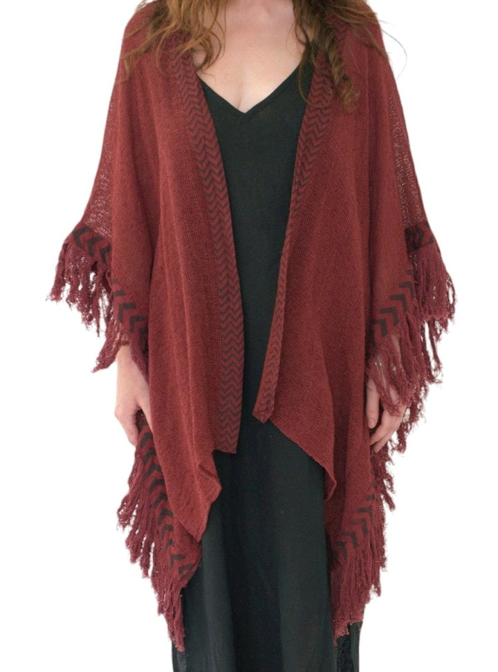 Organic Mesh Cotton Fringe Poncho (Maroon)