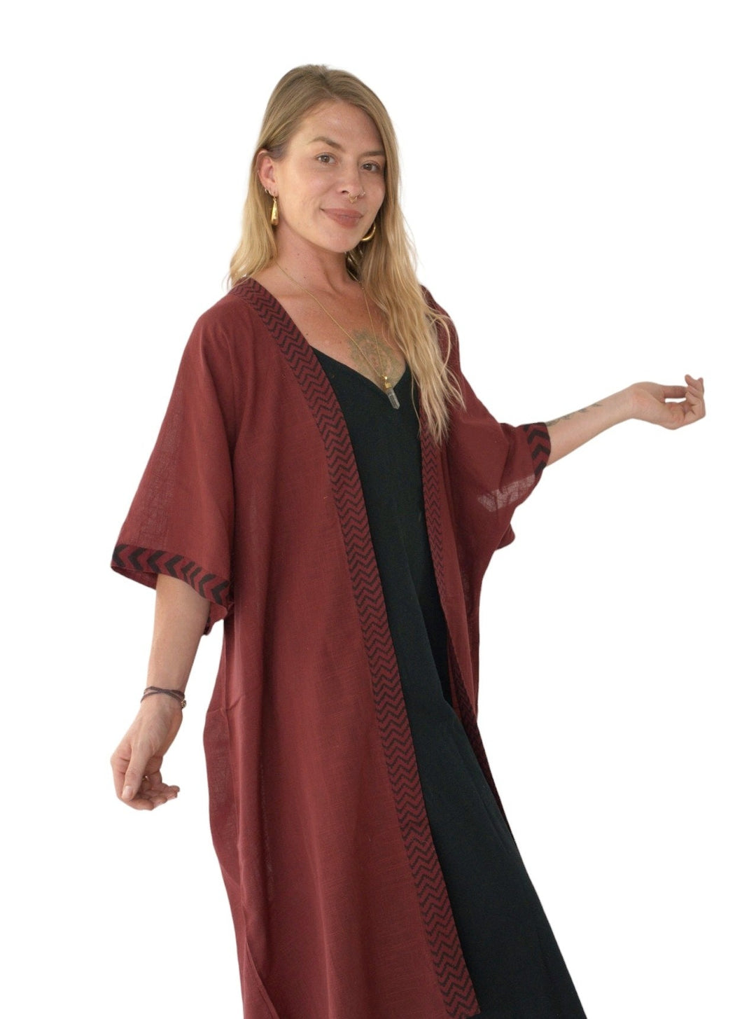 Linen Kimono with Blockprint (Maroon)