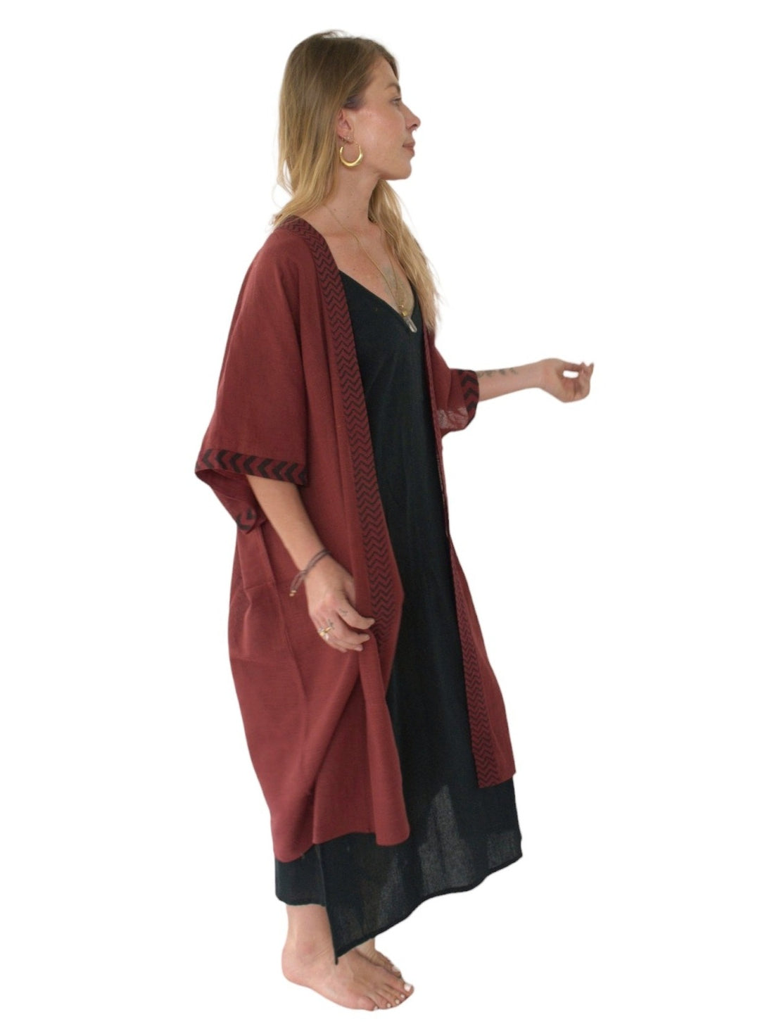 Linen Kimono with Blockprint (Maroon)