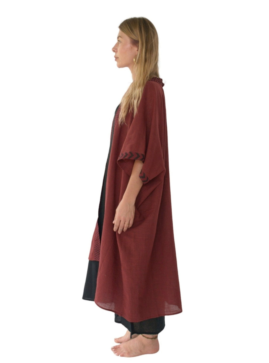 Linen Kimono with Blockprint (Maroon)