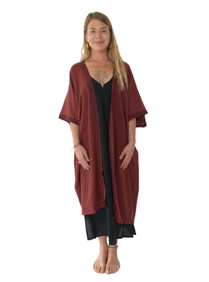 Linen Kimono with Blockprint (Maroon)