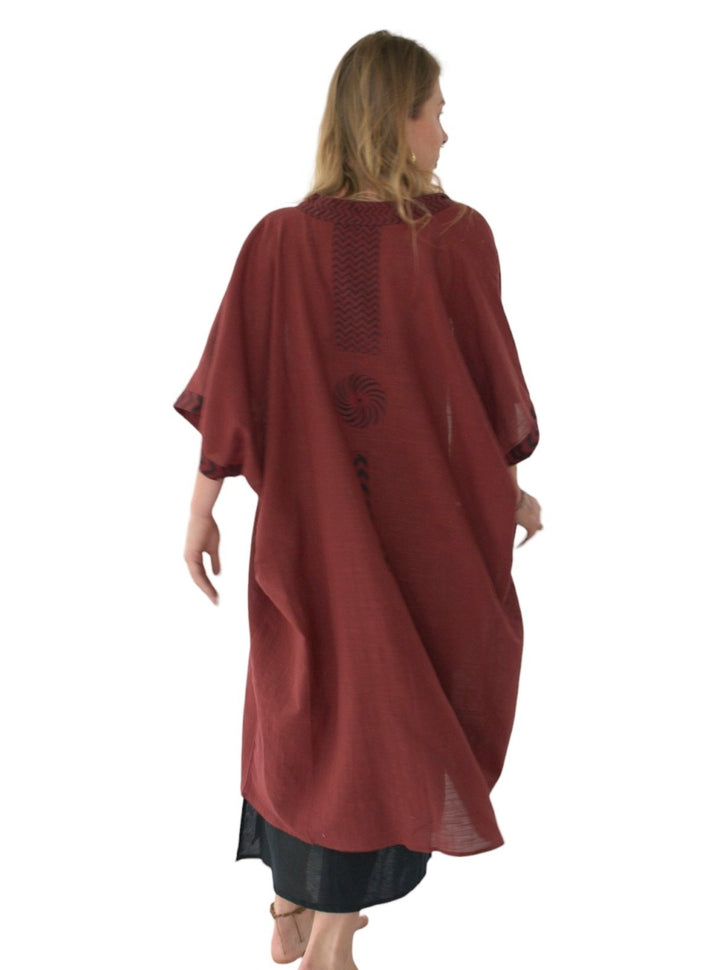 Linen Kimono with Blockprint (Maroon)