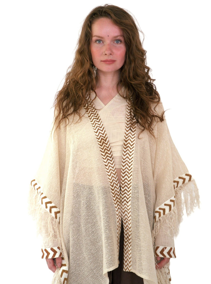 Organic Mesh Cotton Fringe Poncho (Cream)