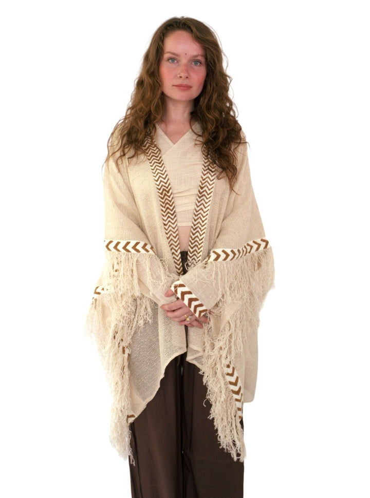 Organic Mesh Cotton Fringe Poncho (Cream)