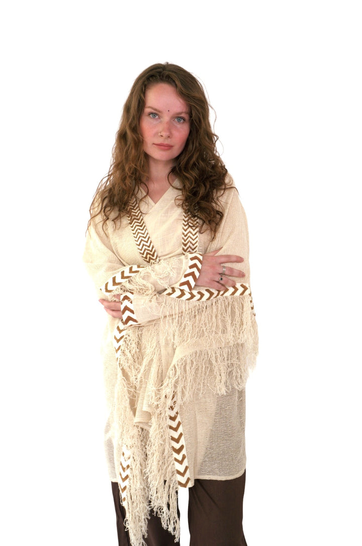 Organic Mesh Cotton Fringe Poncho (Cream)