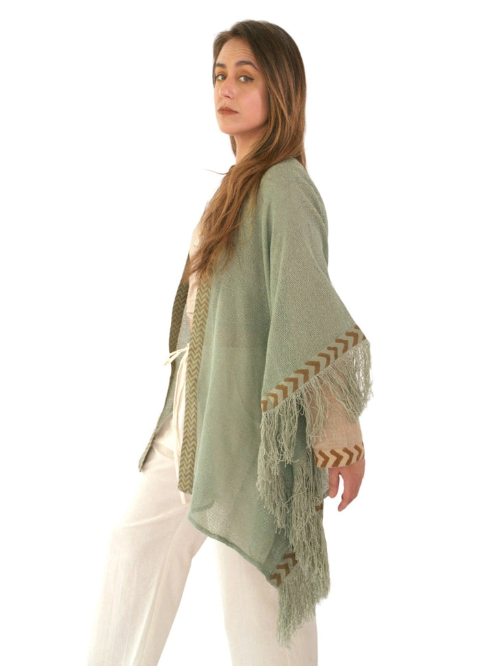 Organic Mesh Cotton Fringe Poncho (Sage)