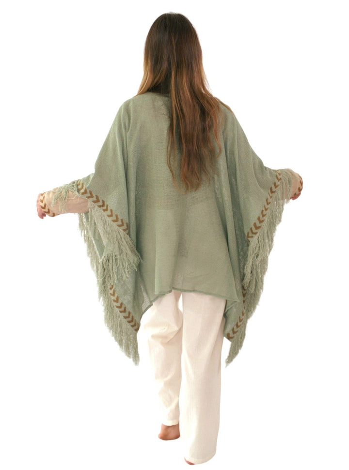 Organic Mesh Cotton Fringe Poncho (Sage)