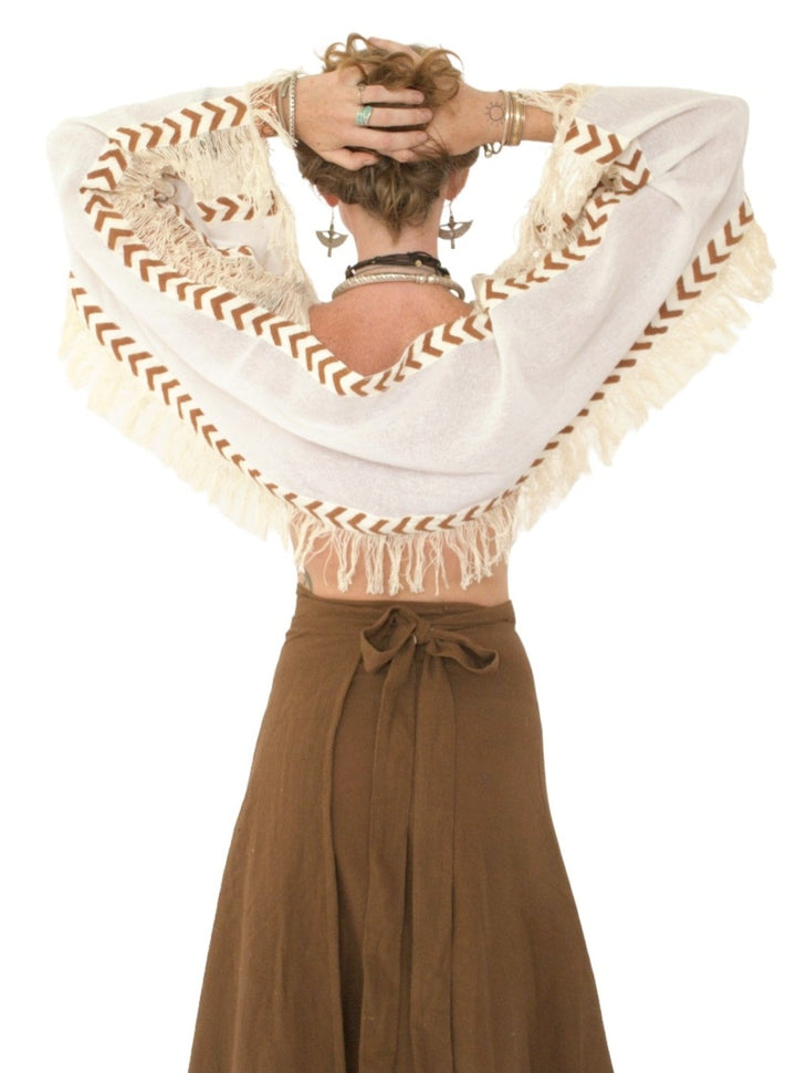 Long Sleeve Crop Top with Fringe (White)