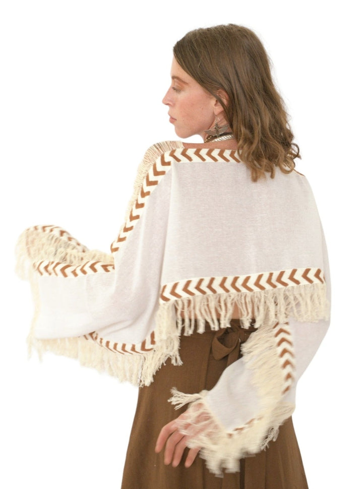 Long Sleeve Crop Top with Fringe (White)